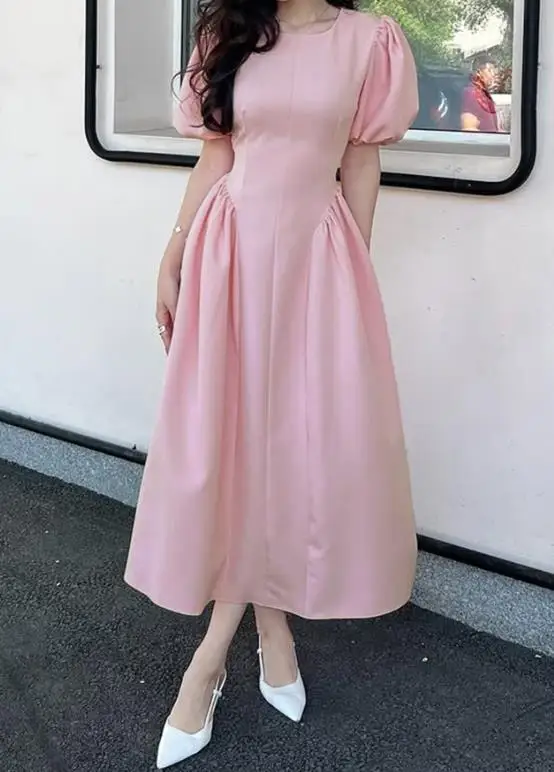

Women Dresses 2026 Spring Autumn New Solid Color Bubble Sleeve Round Neck Cinched Waist Lace Up Elegant Long Dress
