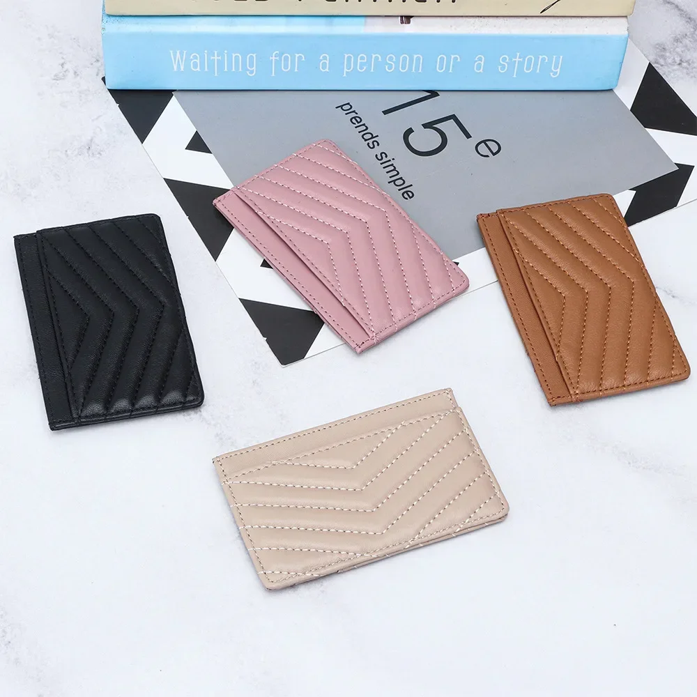

Sheepskin embroidered card bag Thin one-piece document storage Women's portable card holder leather premium coin wallet