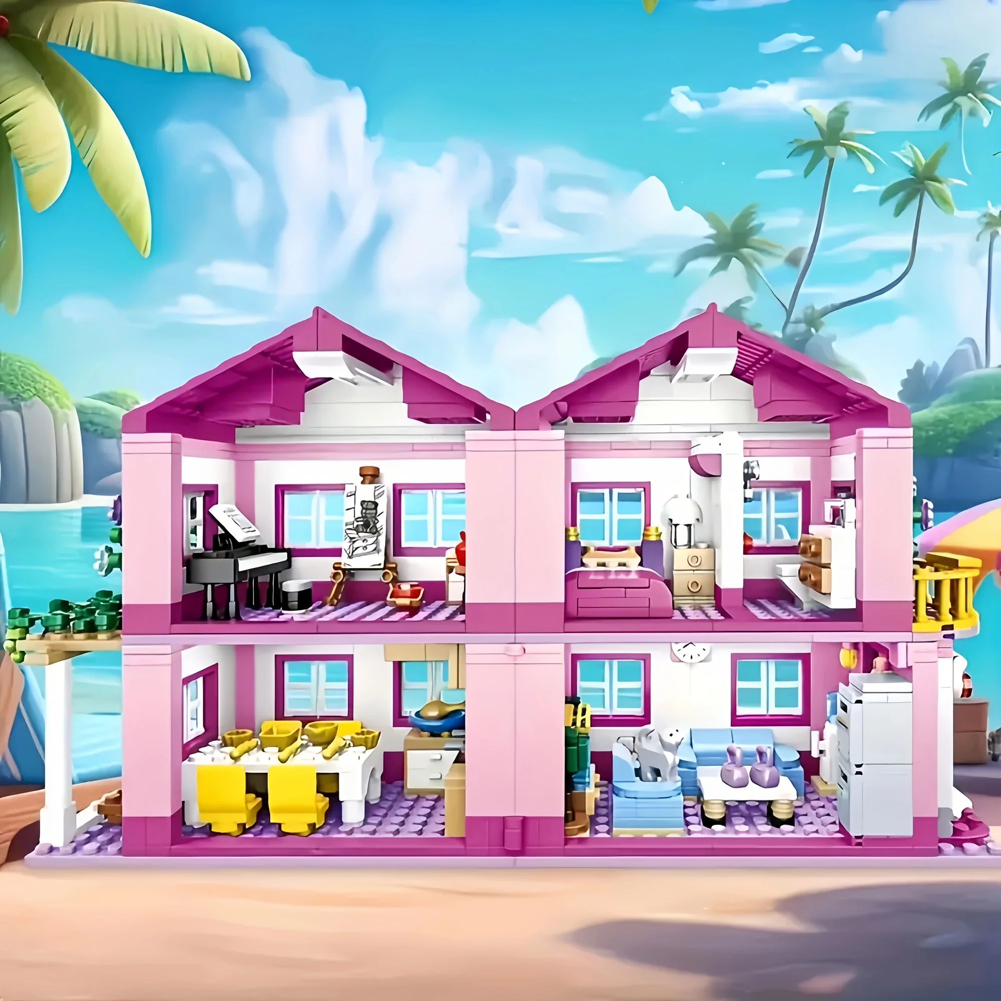 ตัวต่อโมเดลบ้านวิวเมือง 1018 ชิ้น รุ่นวิลล่าพักผ่อนฤดูร้อน ปราสาท พร้อมสระว่ายน้ำ ของเล่นตัวต่อ DIY สำหรับเด็กผู้หญิง ของขวัญคริสต์มาส