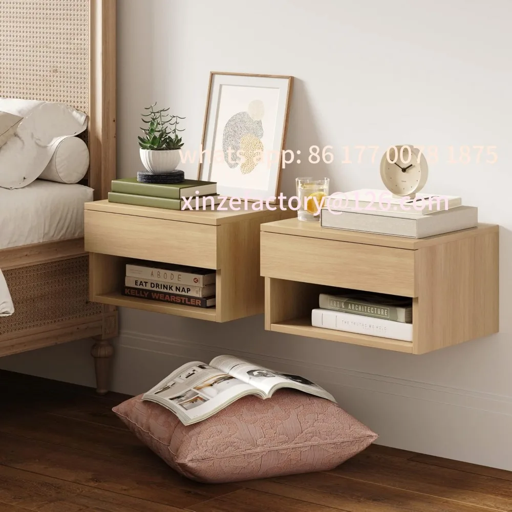 Customizable Modern Light Oak Wood Floating Nightstands with Storage Drawers and Open Shelves