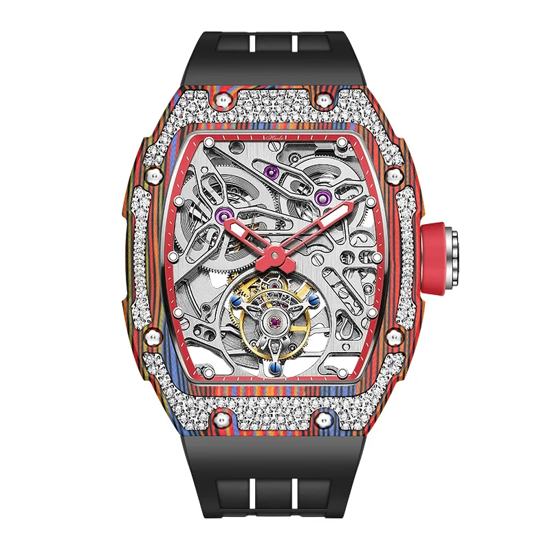 Haofa Carbon Fiber Diamond Case Tourbillon Watch Luxury Skeleton Automatic Mechanical Watch Sapphire Waterproof Luminous 1901-3