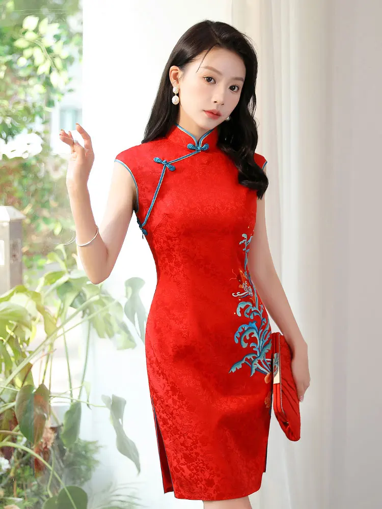 

Шелковый костюм с вышивкой Ele Red для мамы, винтажный, с узором «Волна, бьющаяся о берег», без рукавов, для свадьбы