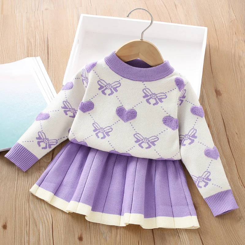 Girls' Sweater Set 2024 New Love Knitted Long-sleeved Pullover Sweater + Skirt Two-piece Set   2-6y