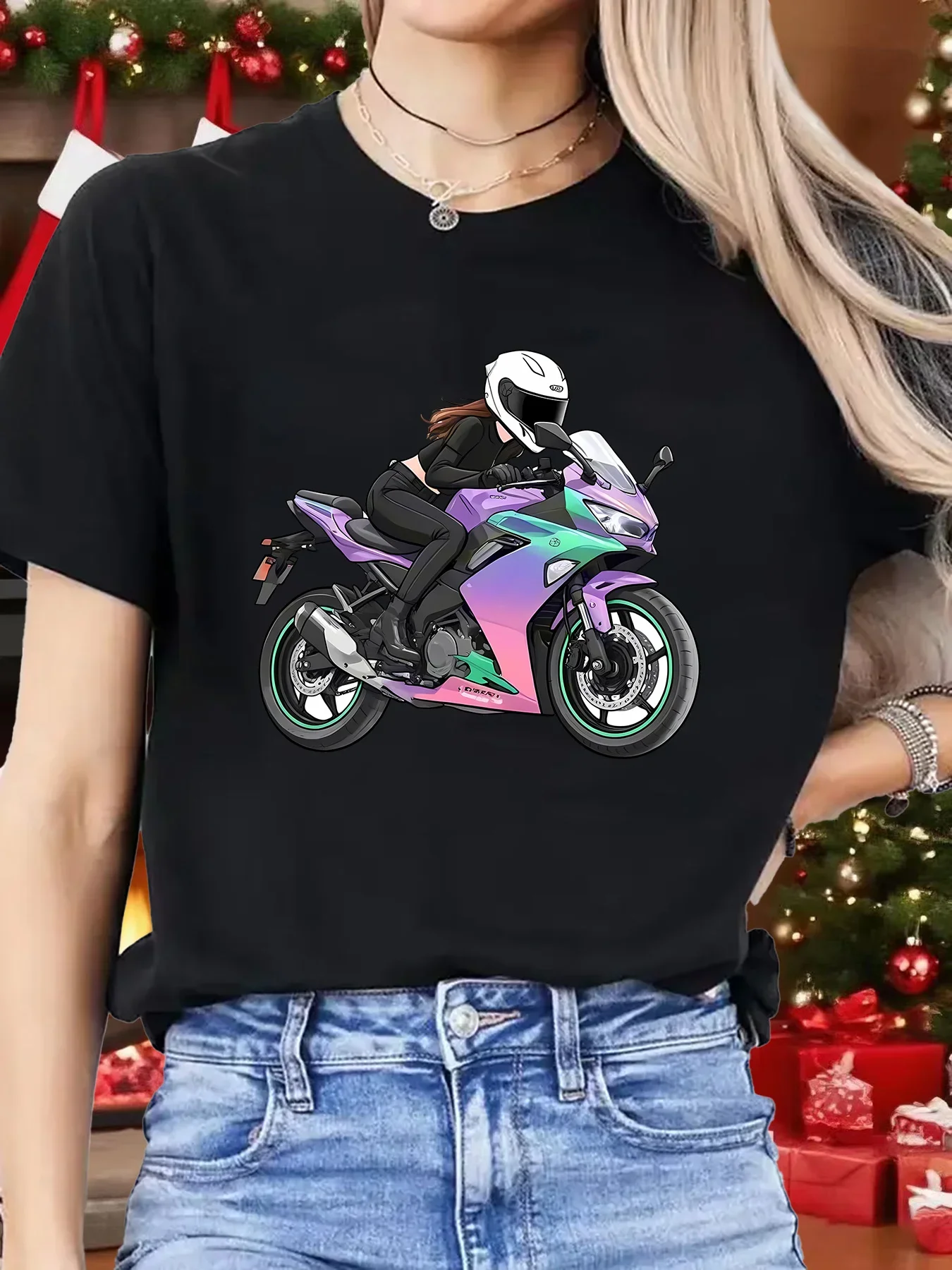 Cool Female Biker Motorcycle Womens Crew Neck Short Sleeve T Shirt Colorful Motorbike Rider Art Casual Graphic Tees For Ladies