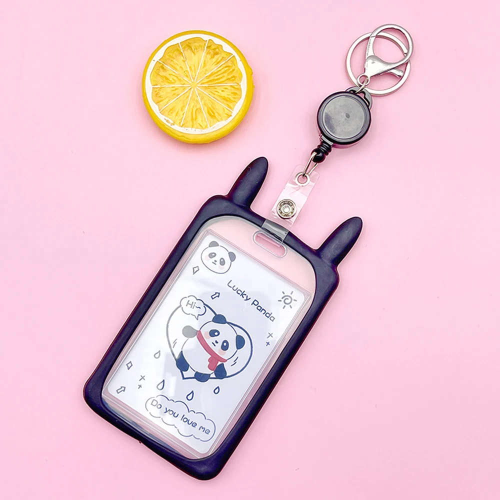 1Pc Cute Cartoon Rabbit Ear Card Case With Retractable Lanyard Waterproof Dustproof Plastic Card Holder ID Bank Card Decoration