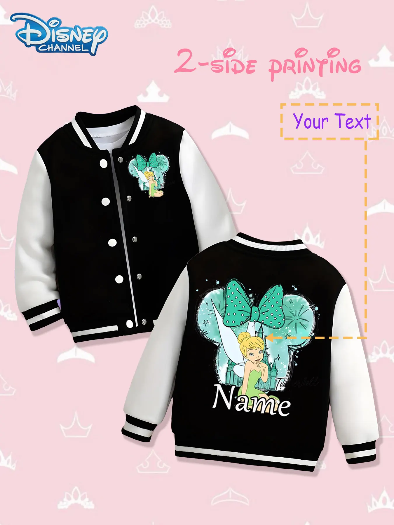 

MINISO Disney Tinker Bell Cute Children's Baseball Jacket - Tinker Bell and Minnie head shape double-sided display, fresh and cu