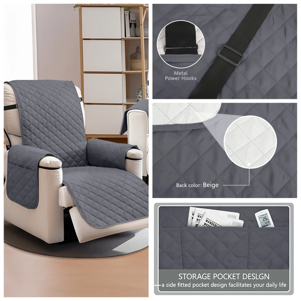 1 Seater Waterproof Recliner Cover Solid Color Quilted Armchair Slipcover Pet Kids Accent Couch Cushion Living Room Hotel Home