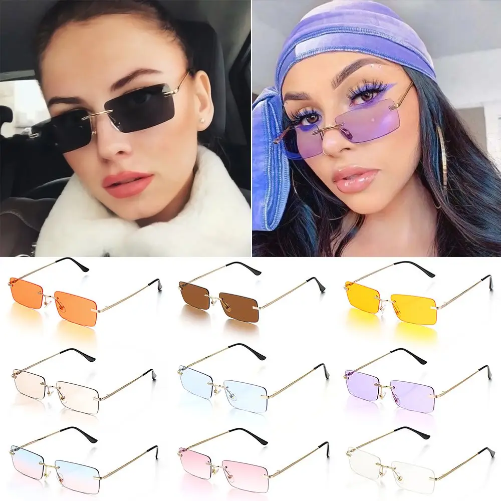 Gafas de sol Retro pequeñas para mujer, lentes rectangulares sin montura, diseño de lujo, Vintage, gradiente