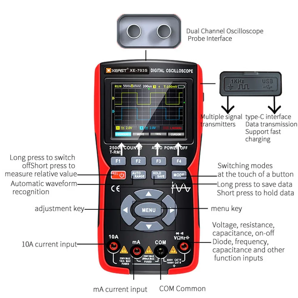 XEAST XE-703S Multi-function Oscilloscope 2 Channels 50MHz 280MS Sampling Rate 3 In 1 Signal Generator Oscilloscope Multimeter