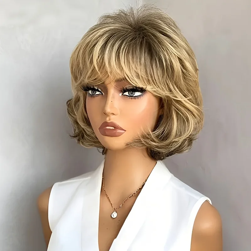 

Многослойная голова боб волнистой формы, термостойкое синтетическое волокно, плотность 150%, шляпа из розовой сетки, золотой парик, подходит для повседневного наряда