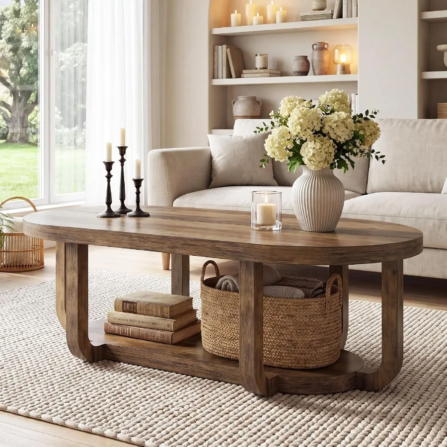 55 Inch Oval Coffee Table with 2-Tier Storage for Living Room, engineered wood, walnut brown, spacious dual-level storage and s