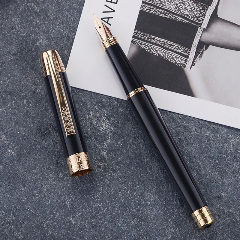 Hero 200C 14K Gold Classic Fountain Pen Black With Golden Carved Clip Fine Nib 0.5mm W/Gift Box & Golden Nib For Writing Ink Pen