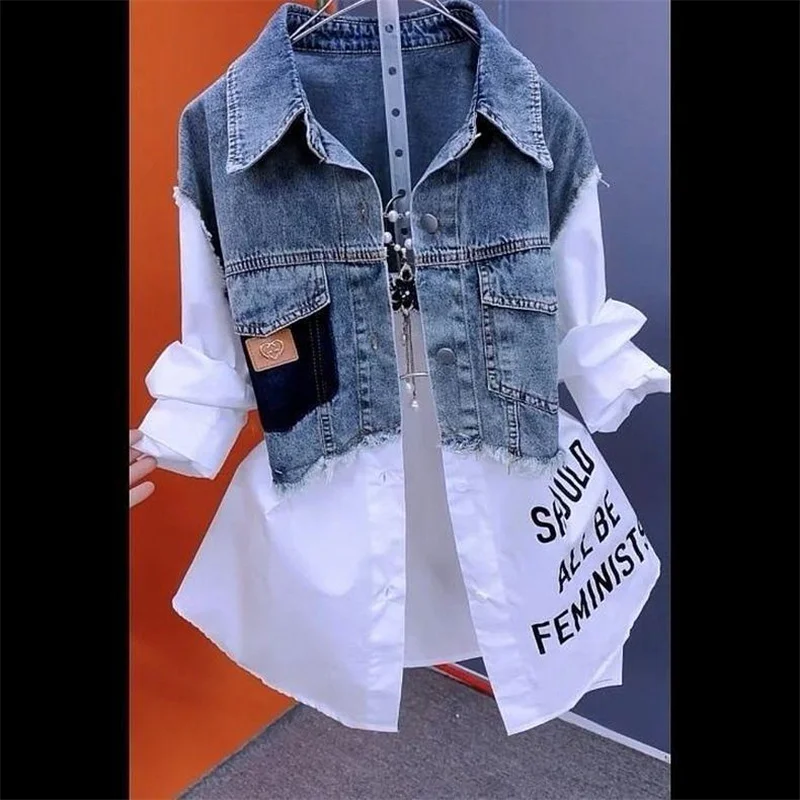 Tops listrados de costura jeans feminino, camisas casuais da moda, jaqueta jeans falsa, design de palhaço, primavera e outono, 2024