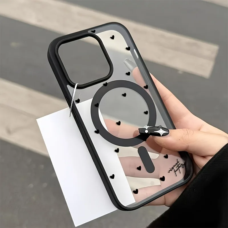 For Wireless Charging Magnetic Phone Case for iPhone 18 17 13 12 14 15 16 Pro Max 11 16E 16 Plus Air With Black Love Heart Cover