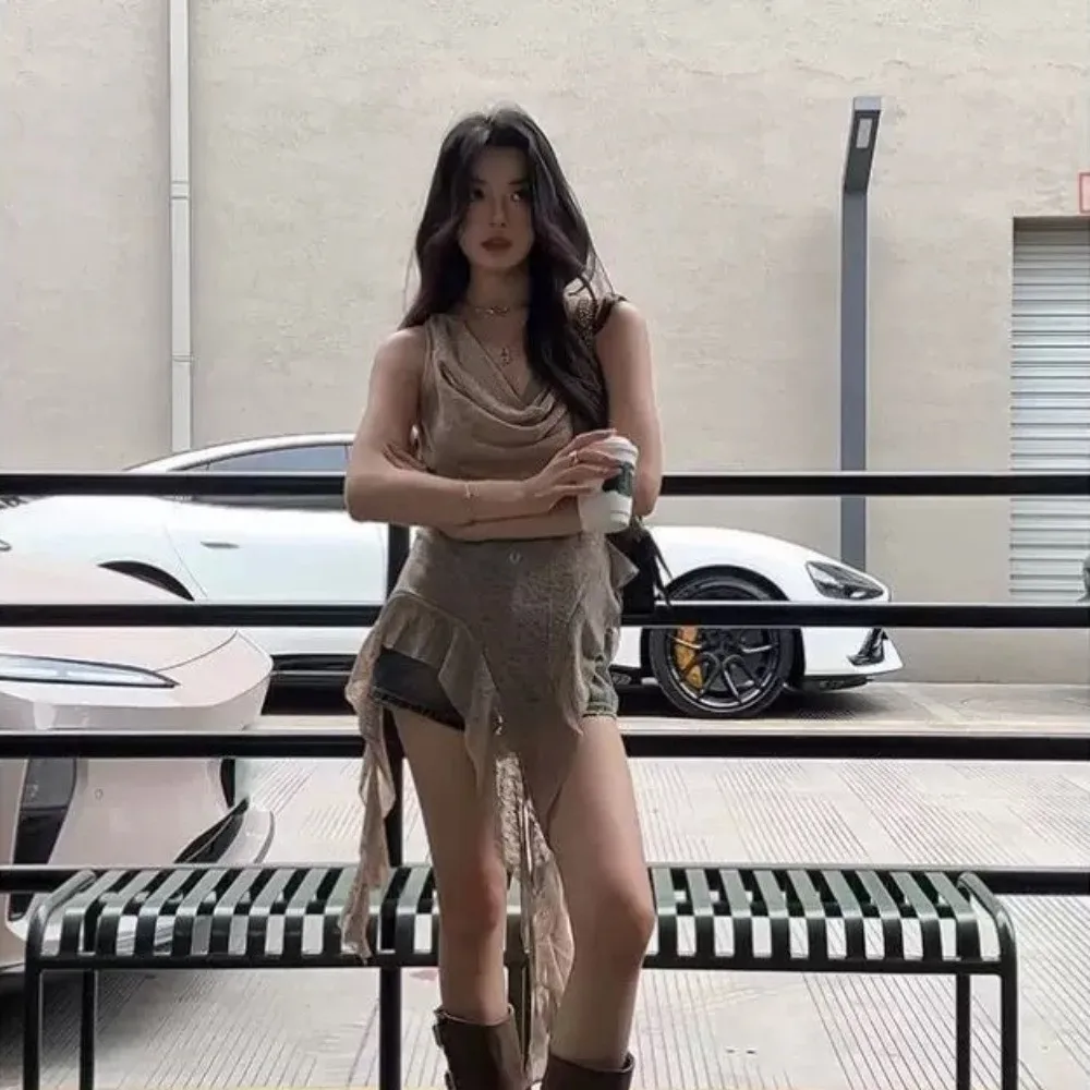 الكورية Y2K Ins قنديل البحر شبكة حزام تي شيرت مطوي شبكة على شكل الخصر سليم صالح القمم شفافة غير النظامية شرائط كشكش هوديي #5