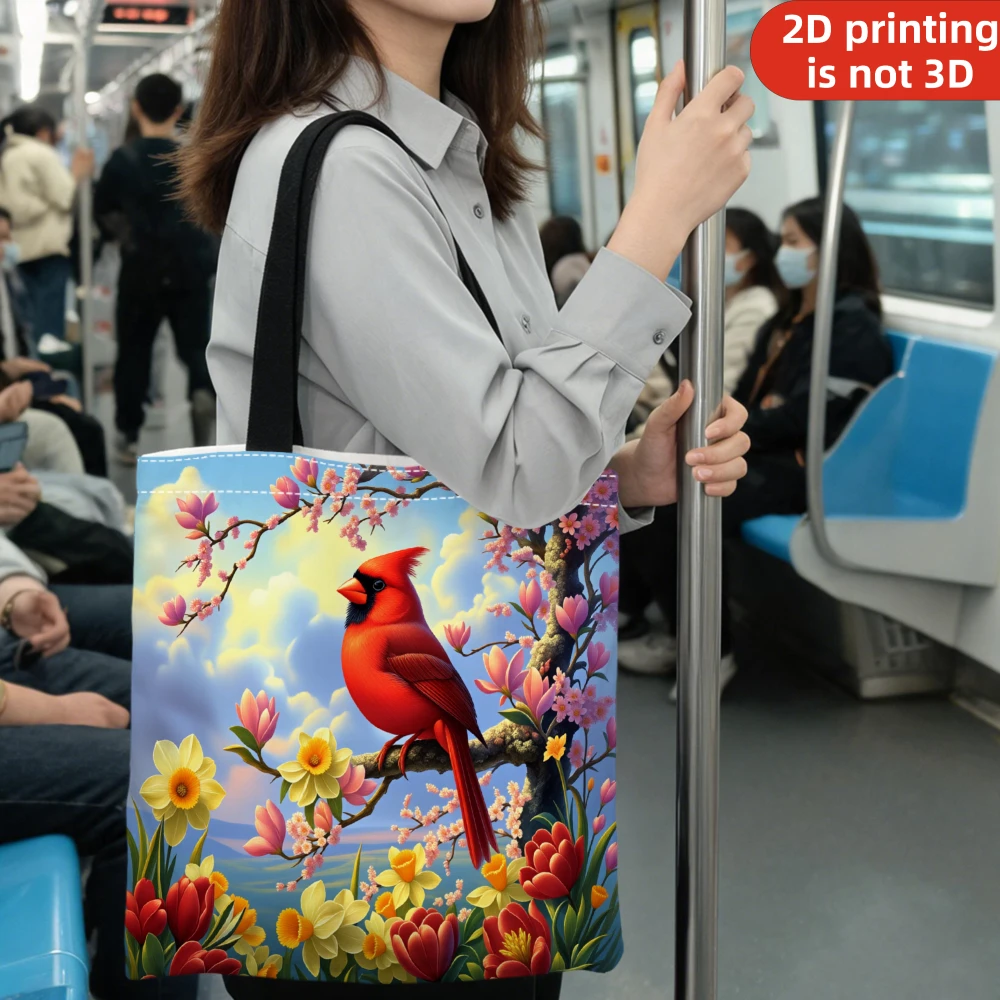 Vibrant Red Cardinal Bird Spring Flowers Blossoms Tote Bag For Daily Shopping Travel Beach Vacation Outdoor Picnic Storage
