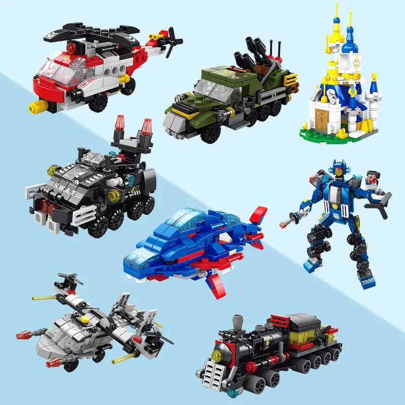 6-in-1 City Police Truck Mech Dinosaur Building Blocks, Tank Helicopter Fire Fighting Bricks, Kids Educational Toy