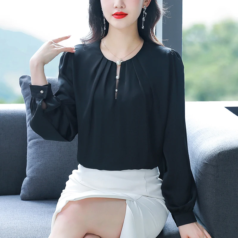 Fashion Long Sleeve O-Neck Women Blouse White Black Chiffon Blouse Shirt Women Tops Blusas Para Mujer Camisas De Mujer H230