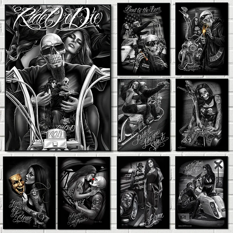 Preto Branco Graffiti Tattoo Rider Chicano Cultura Motocicleta Poster Canvas Pintura Wall Art For Living Room Decoração de casa