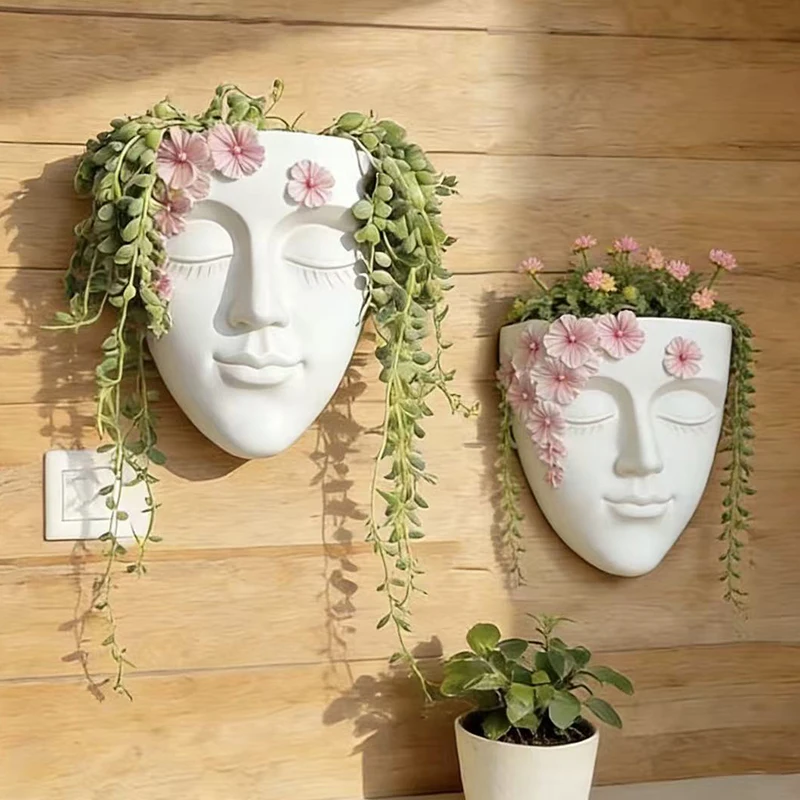Resin Face Wall Planter White Floral Hanging Succulent Planter Artistic Wall Mount Flower Pot for Indoor Plants Home Decor