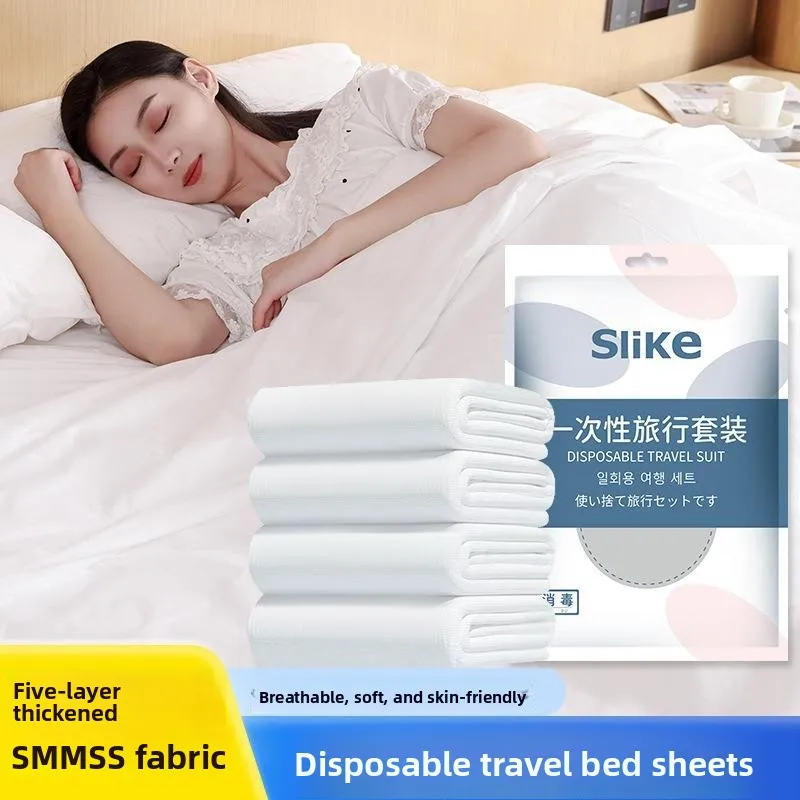 

Travel Disposable Four-Piece Bedding Set Hotel Double Bed Linen Cover eet Pillowcase Duvet Cover Linen Material Splicing Pa...