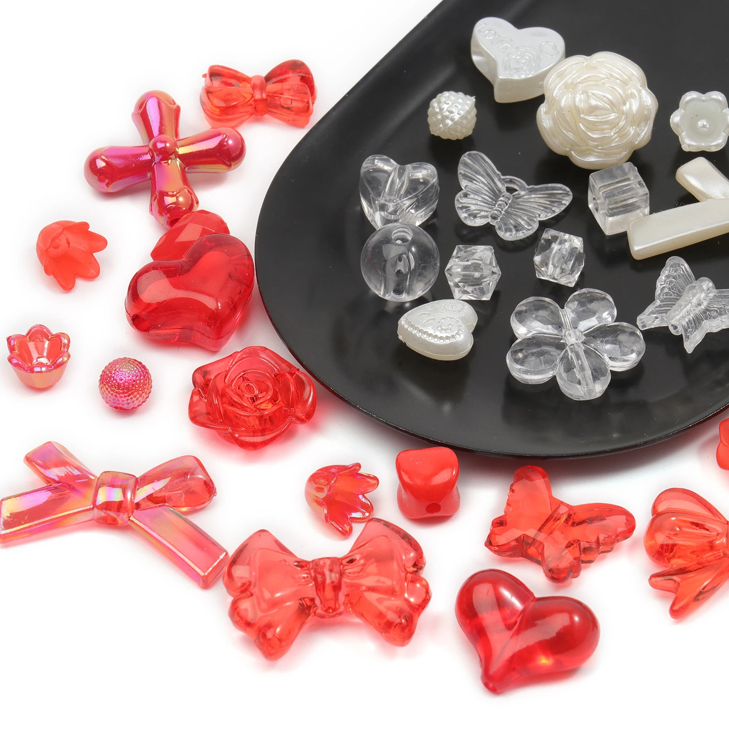 50g Red Color Random Mix Acrylic Beads Bow Heart Flower Beads For Phone Chain DIY Handmade Bracelet Jewelry Making Accessories
