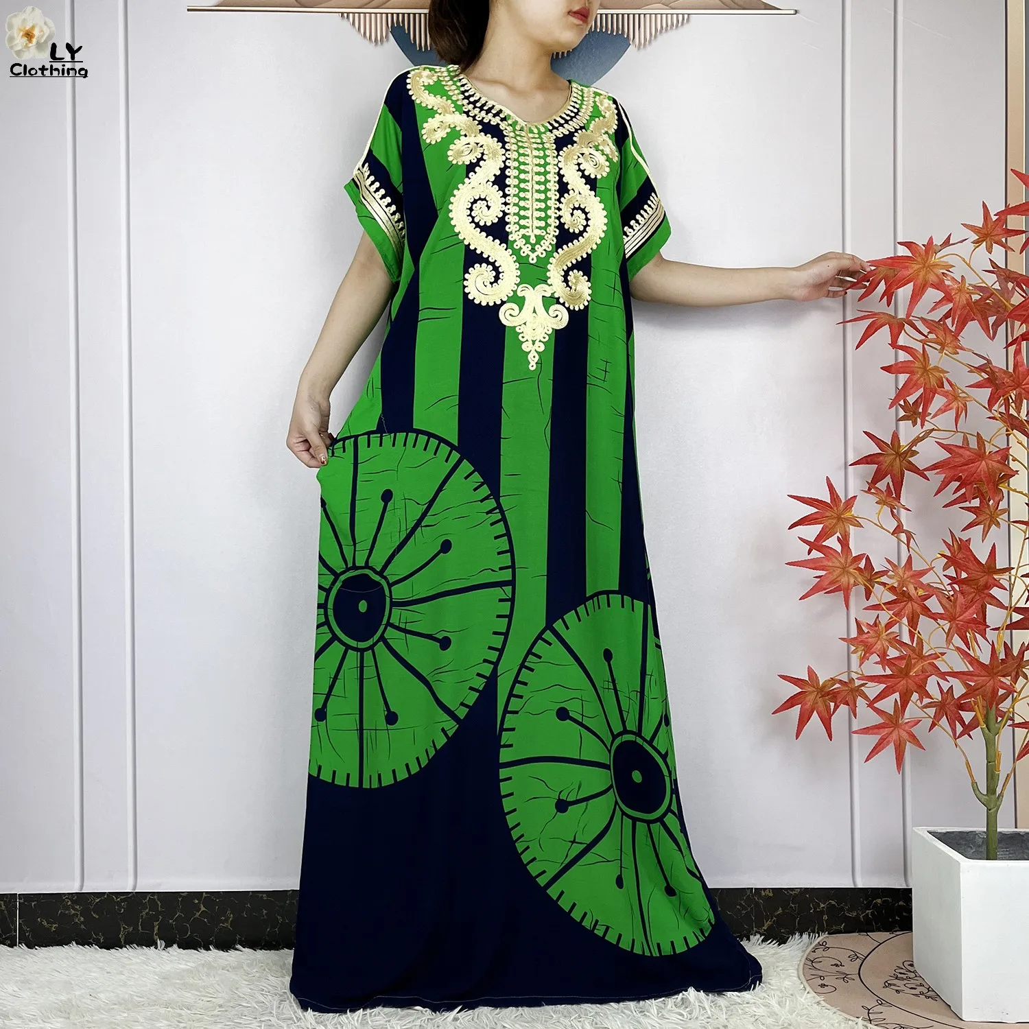 2024 Latest Style African Women Summer Short Sleeve Dubai Kaftan Stripe Printed Cotton Maxi Muslim Femme Loose Abaya Clothing