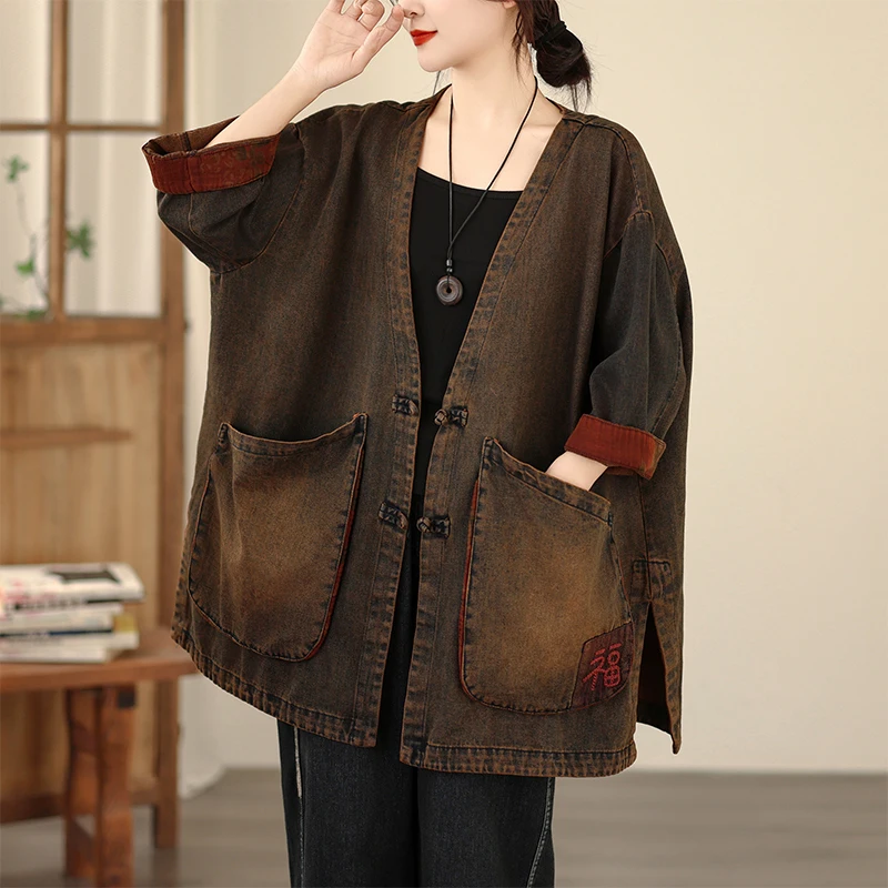 

Loose Women's Denim irt Lazy Sle Large Size Spring Autumn New Retro Seven Sve Coat Top Comfortable Casual Faion