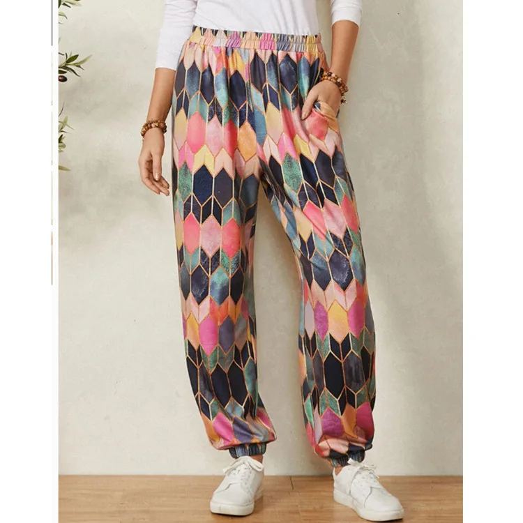 

New Summer High Waisted Loose Wide Leg Pants with Contrasting Retro Geometric Print Casual Pants for Women