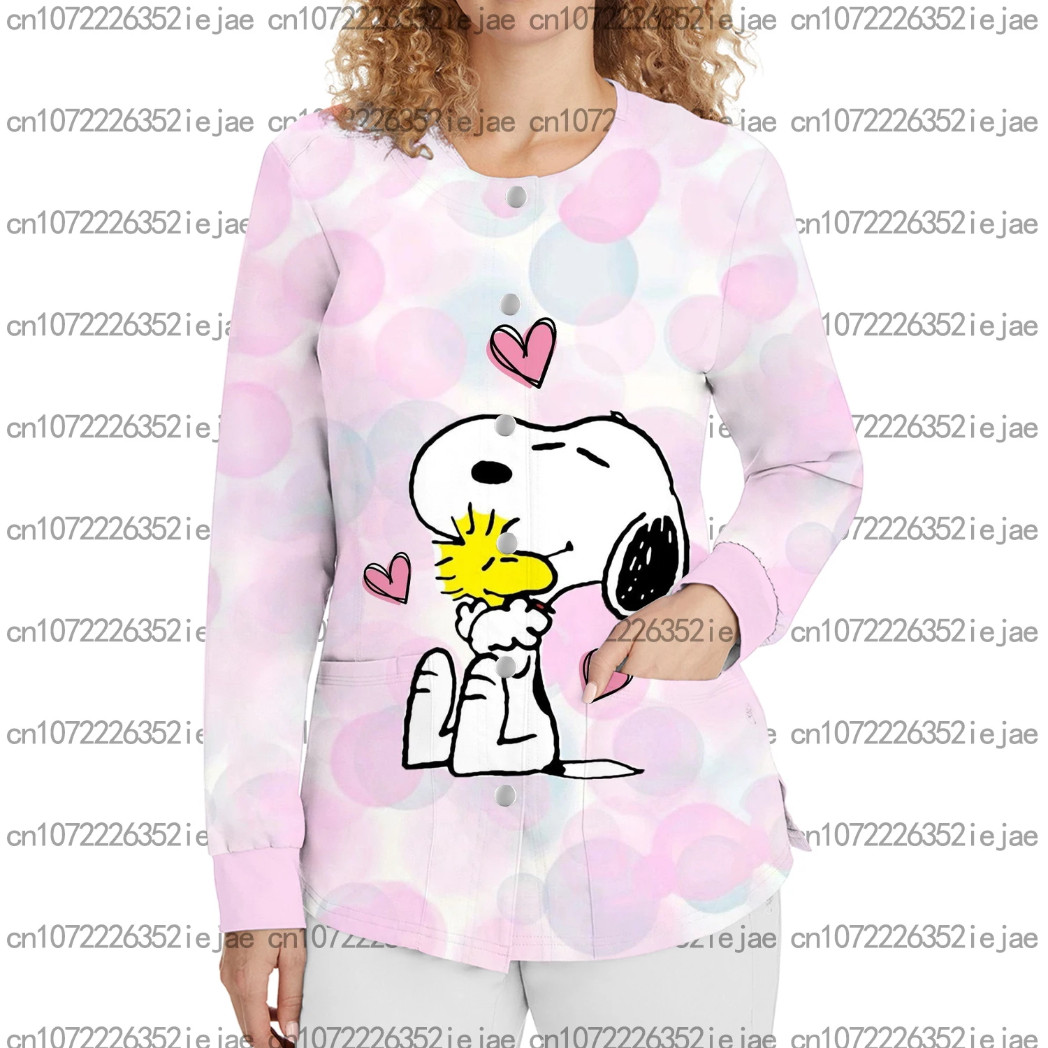 سنوبي مطبوعة كم طويل ممرضة موحدة صالون تجميل الأسنان الحيوانات الأليفة متجر المرأة جيب أزرار خاطفة ثوب جراحي دافئ سترة