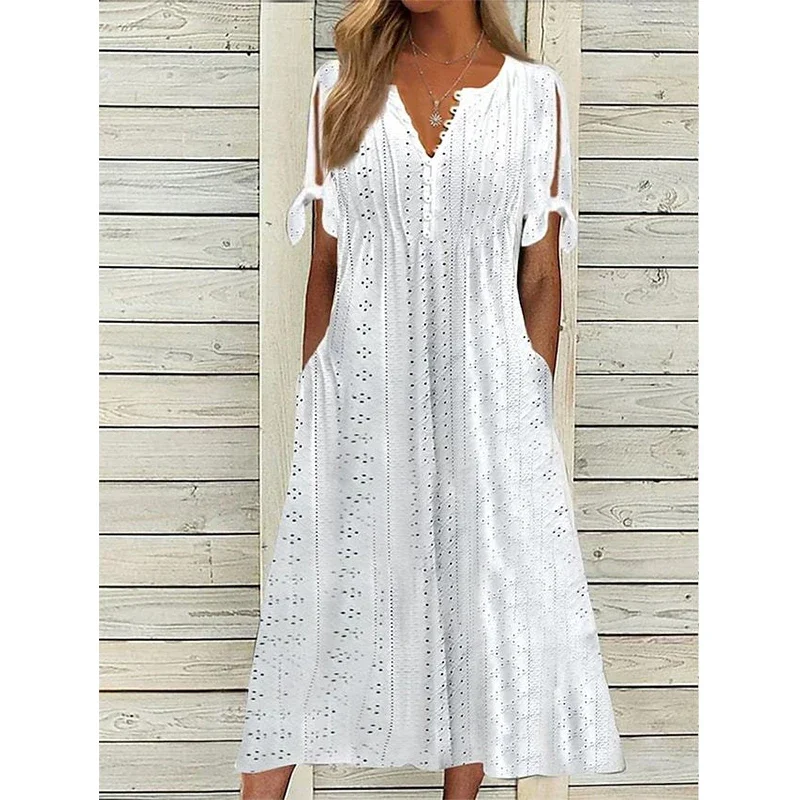 Vestido largo de encaje con cuello en V para mujer, traje elegante de cintura alta con volantes, color blanco, verano, 2024