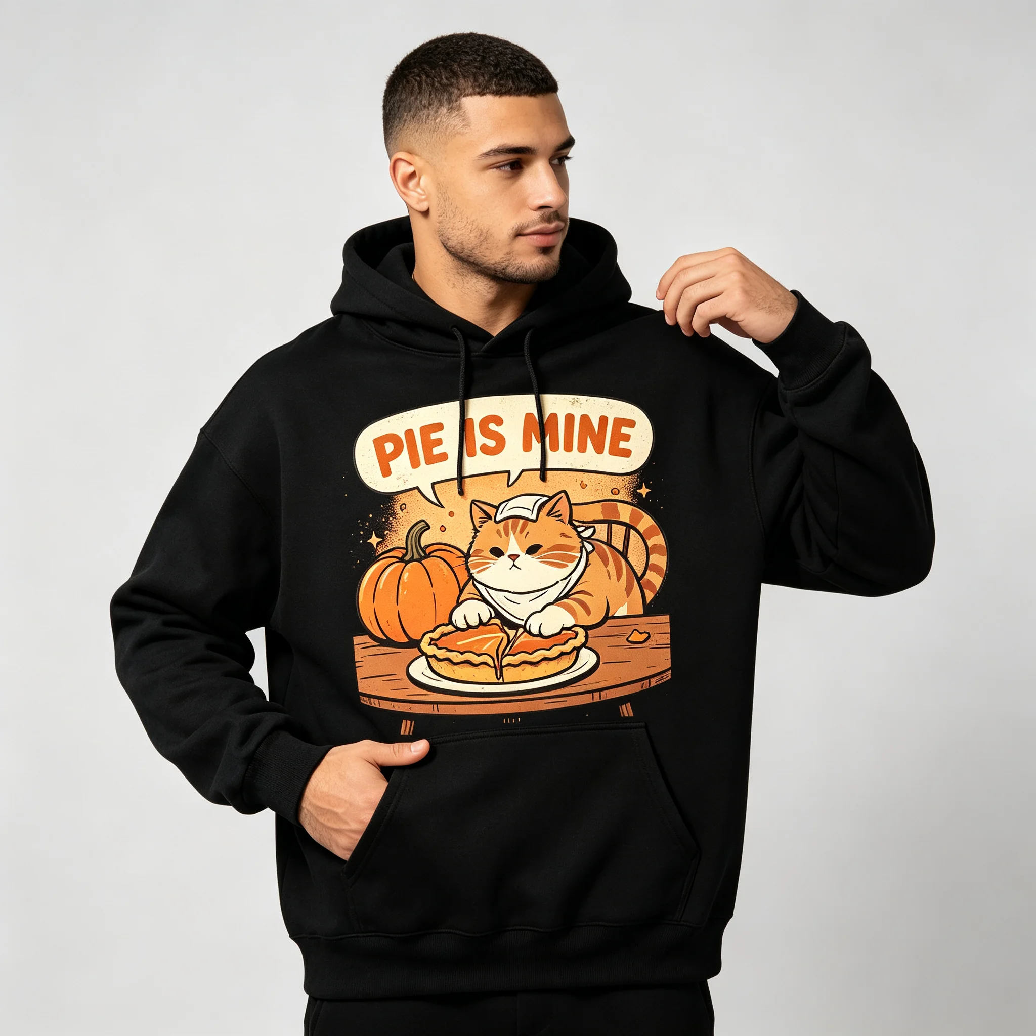 Men’s Casual Streetwear Hoodie “Pie Is Mine” Comic Cat Print Casual Clothes Cotton Pullover Long Sleeve Male Hooded Sweatshirt