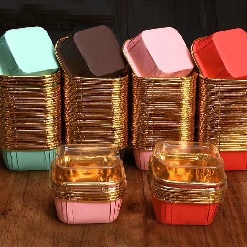 50pcs Square Cupcake Cups with Lids, Pudding Cup Bake-resistant Cup, Disposable Foil Cupcake Cups Muffin Tins For Wedding Baking