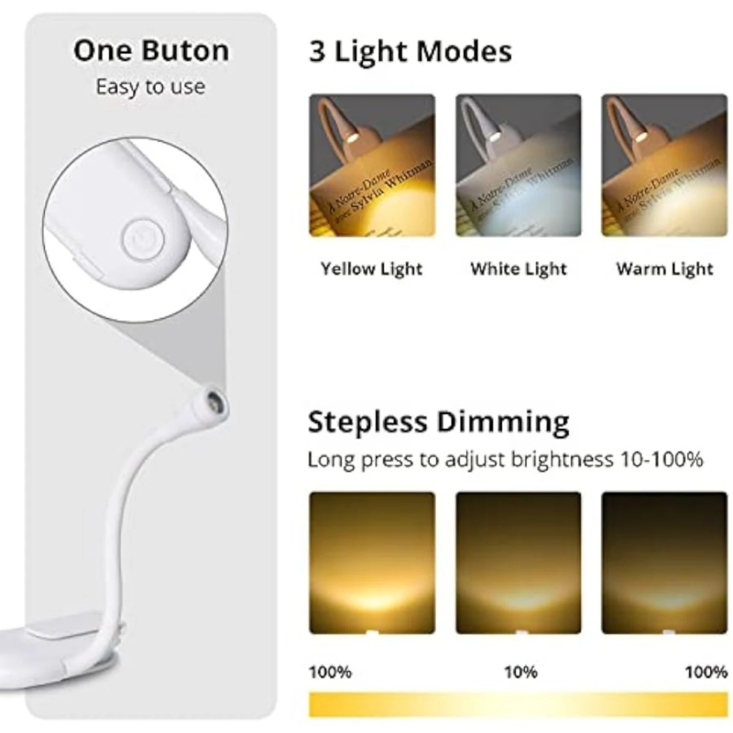 Portable Rechargeable LED Book Light - Stepless Brightness Control, Vibrant Colors, Clip-On Companion