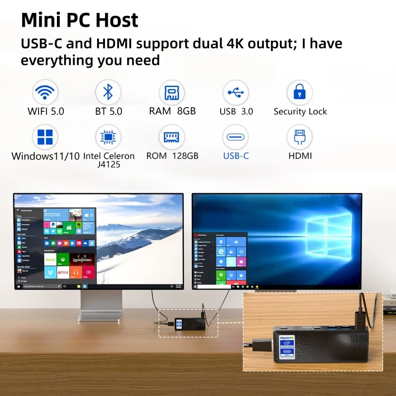 Fanless MINI PC Stick 8G 128G USB-C+HDMI Gigabit Ethernet Type-C 2.7GHZ 4T 4K TV Stick PC Mini Computers Win10/11