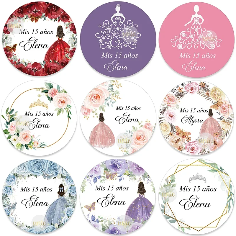 Mis XV Mis Quince Stickers Personalise Fifteenth /Sixteen Birthday Mis Quince 15 años Party Decor Labels Crown Girl Butterfly