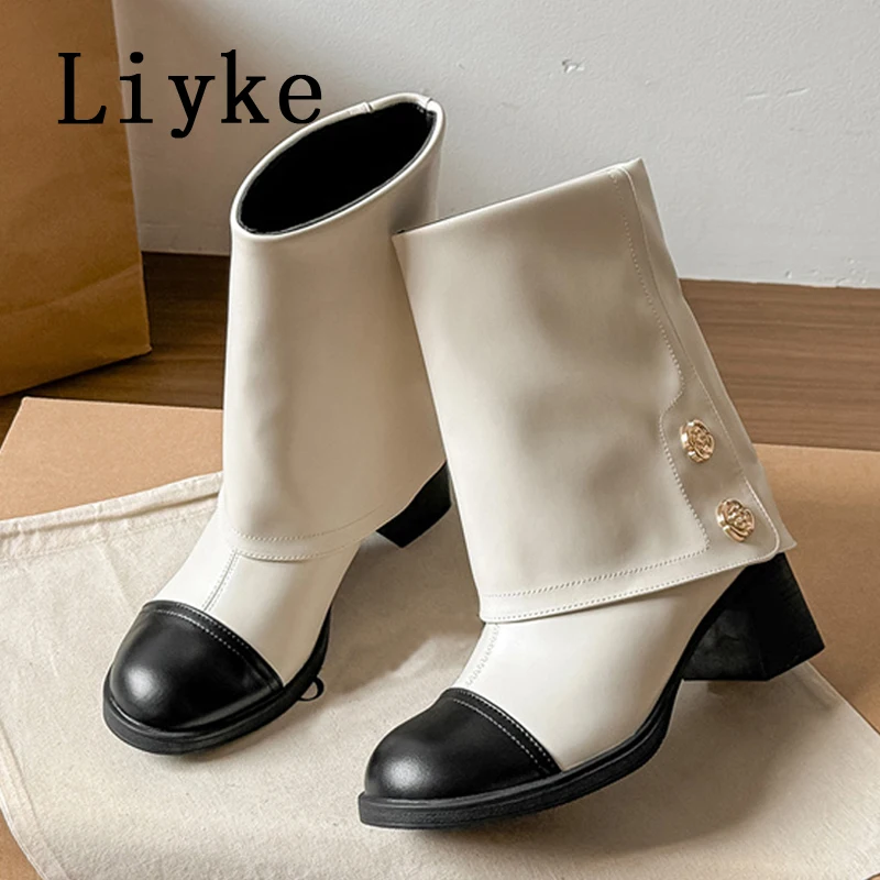 Liyke Designer Fashion Metal Button Ankle Boots For Women Autumn Winter Low Square Heels Ladies Party Dress Shoes Botas Mujer