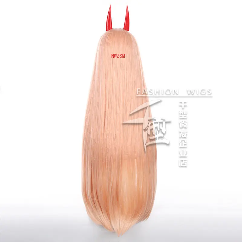 Anime Chainsaw Man Power Cosplay Wig Long Orange Pink Heat Resistant Synthetic Hair Power Women Role Play Wigs + Horns