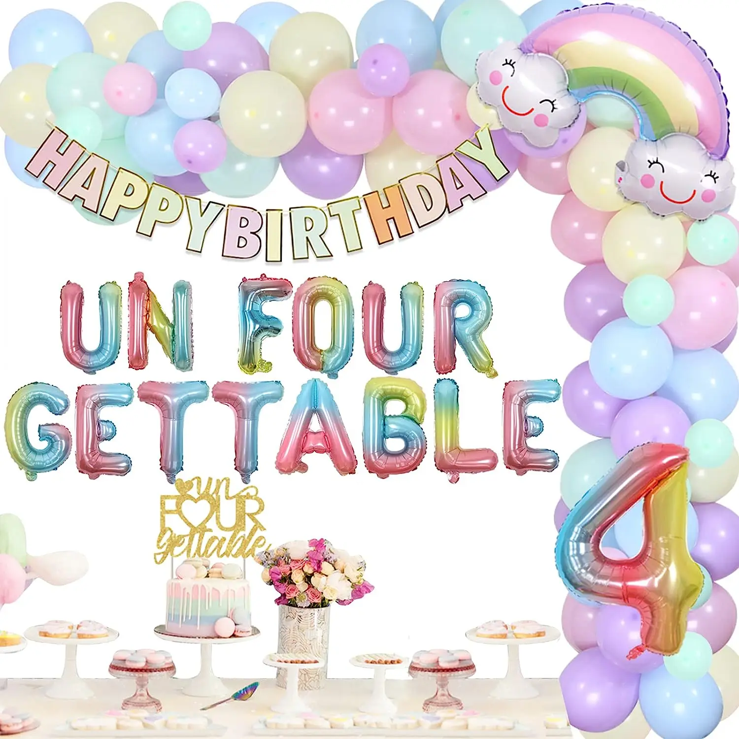 

Rainbow Balloon Garland Kit, 4th Birthday Decoration, Four Gettable Balloon Banner, Pink and Purple