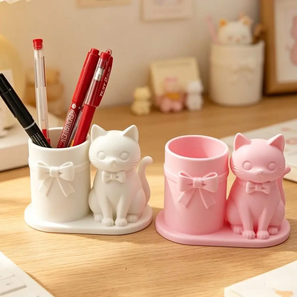 Cat Shaped Pen Holder Plastic 3D Printed Desktop Stationery Organizer Creative Design Sturdy Construction Pencil Cup Office Desk