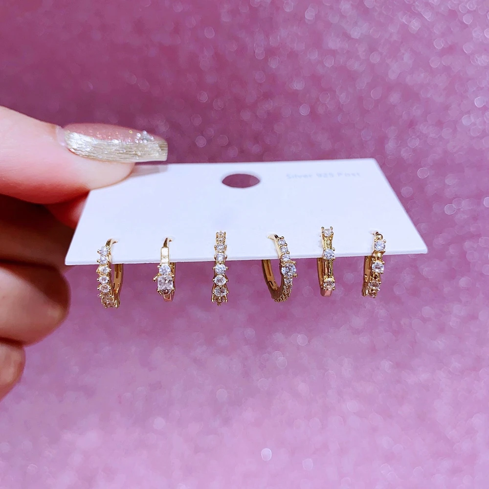 MIGGA 6pcs Mixed Design Shining Cubic Zircon Hoop Earrings Set for Women Gold Plated Crystal Jewelry