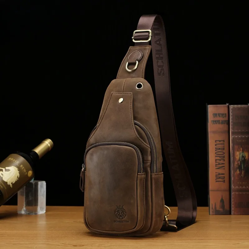 Men’s Genuine Leather Sling Chest Bag Vintage European American Style Crossbody Satchel New Arrival Full-Grain Cowhide Pouch