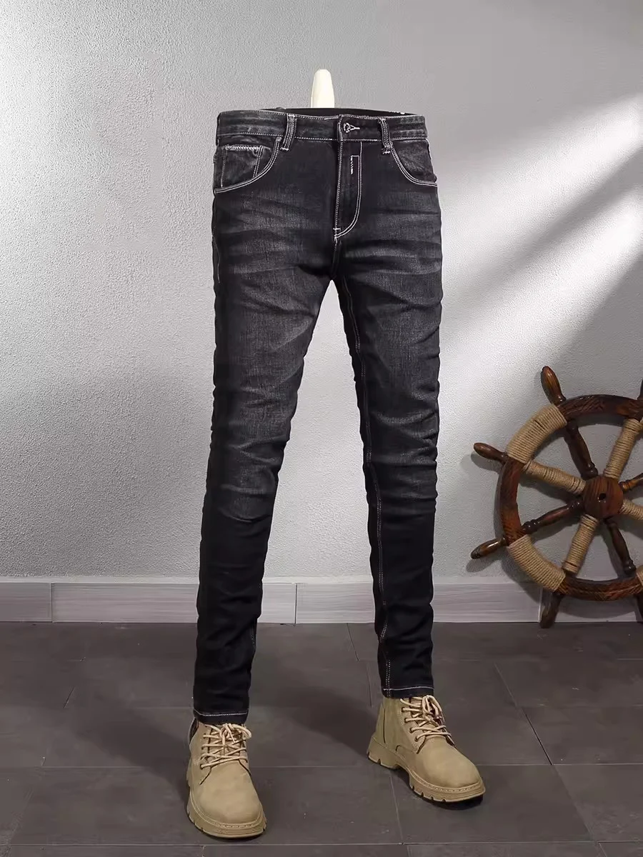 Italian Style Fashion Men Jeans High Quality Retro Black Gray Stretch Slim Ripped Jeans Men Vintage Designer Denim Pants Hombre