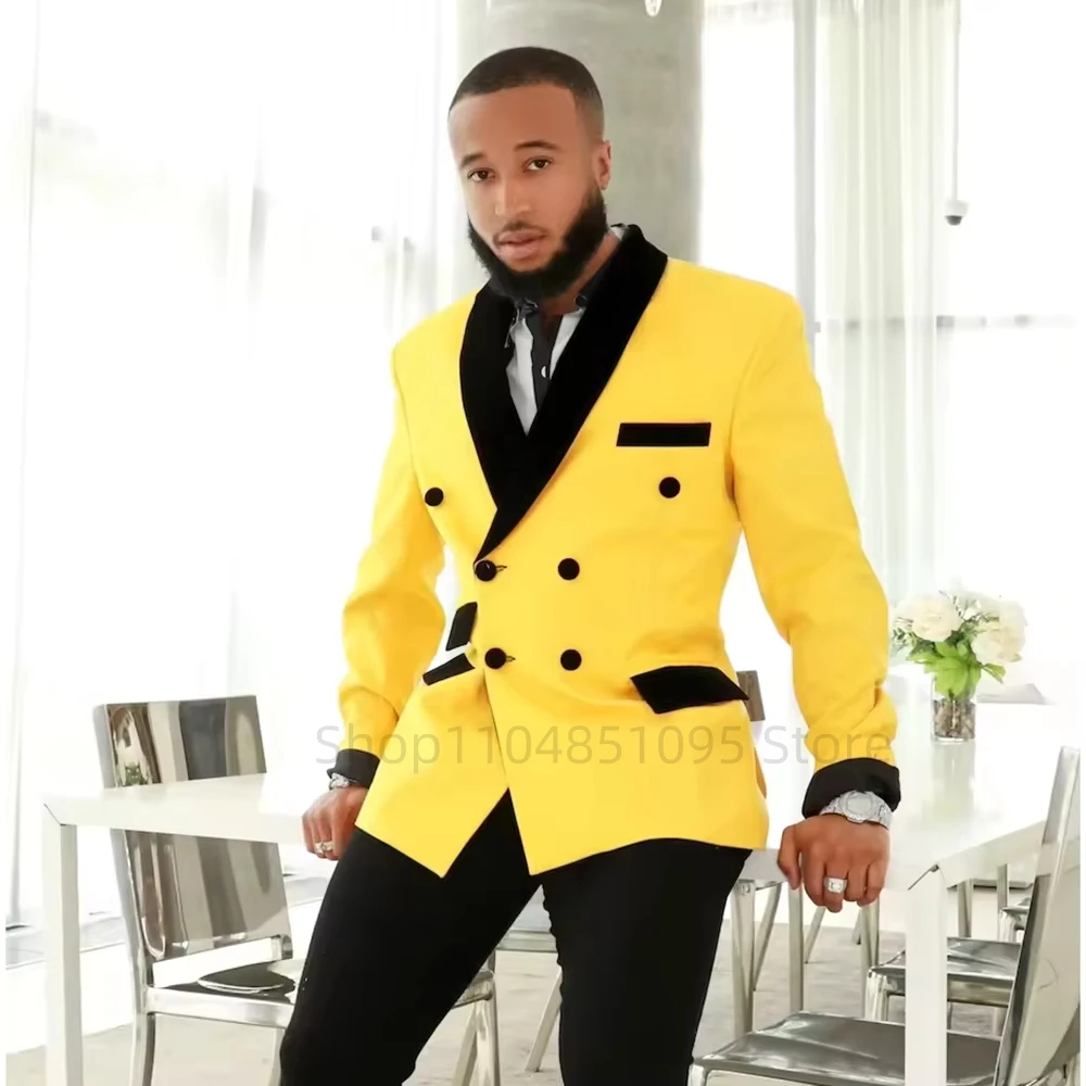 أحدث تصميم الأصفر الرجال البدلة مزدوجة الصدر السترة السراويل العريس سهرة أفضل رجل بدل زفاف الأعمال 2 قطعة الرجال الدعاوى مجموعة