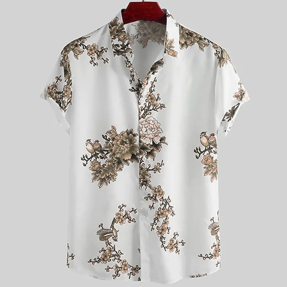 Japanese Flower Bird Print Fashion Men\'s Shirt Hawaiian Blouse Casual Loose Breathable Short Sleeve Outdoor Street Men\'s Clothes