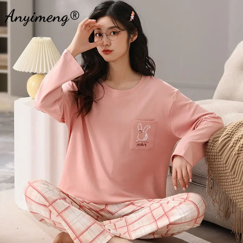 New Autumn Winter Trendy Pajamas Giraffe Printing Women Pijamas Round Collar Sleepwear Nightwear Cotton Loungewear for Girls