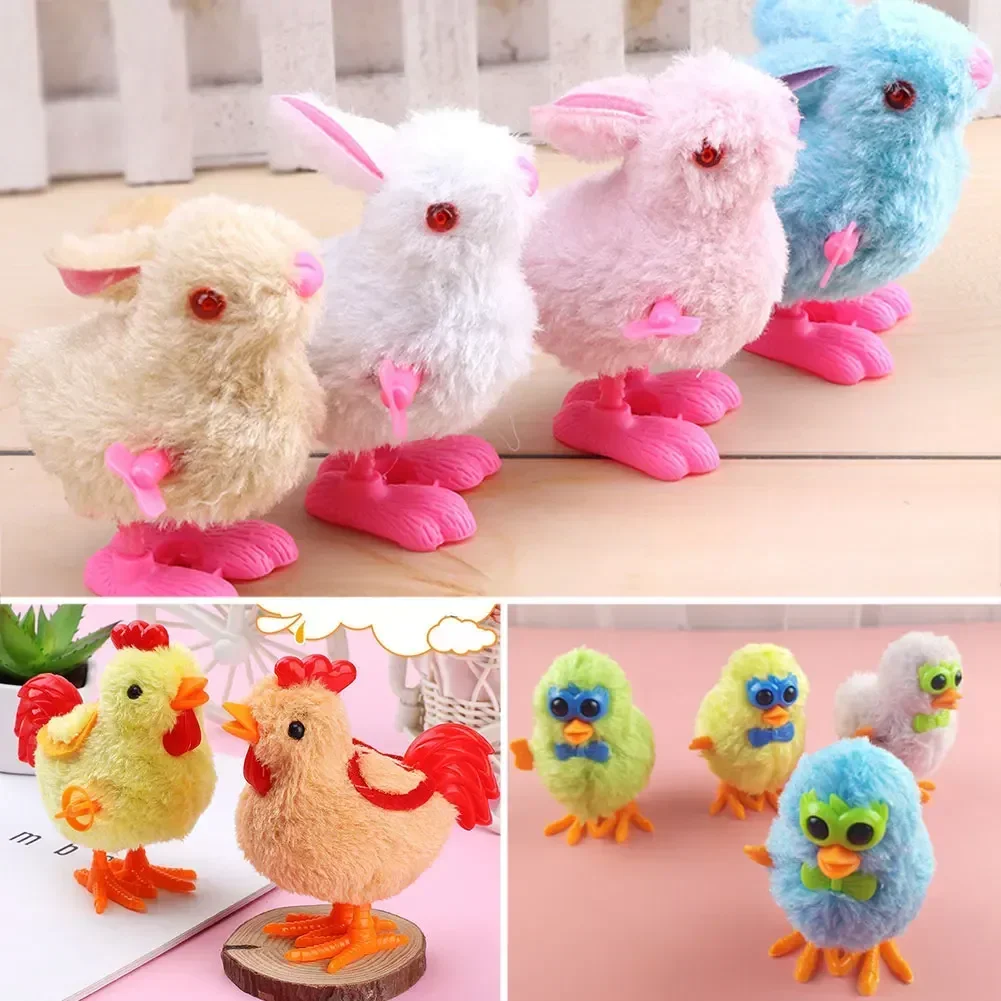 1PC Wind Up Chicken Cute Plush Toy Jumping Walking Hopping Cartoon Plush Chicken Clockwork Rabbit Walking Chick Baby Playing Toy