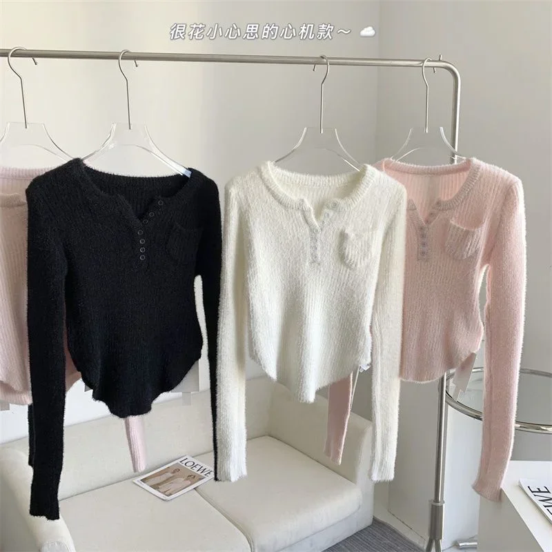 OCEANLOVE Y2k odzież damska swetry solidna V Neck jesienne ubrania zimowe seksowne swetry Slim koreański Fashion Pull Femme Vintage