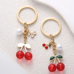 Sweet Cherry Pendant Keychains Fashion Imitation Pearl Keyrings Car Key Holder Handbag Backpack Accessories Party Souvenirs Gift