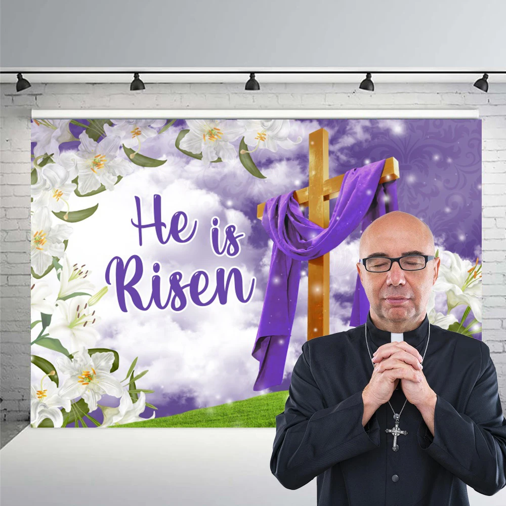 Jesus Cross Religious Photography Backdrop Spring Easter Nativity Holy He Is Risen Lavender Sunset Flower Baby Shower Background